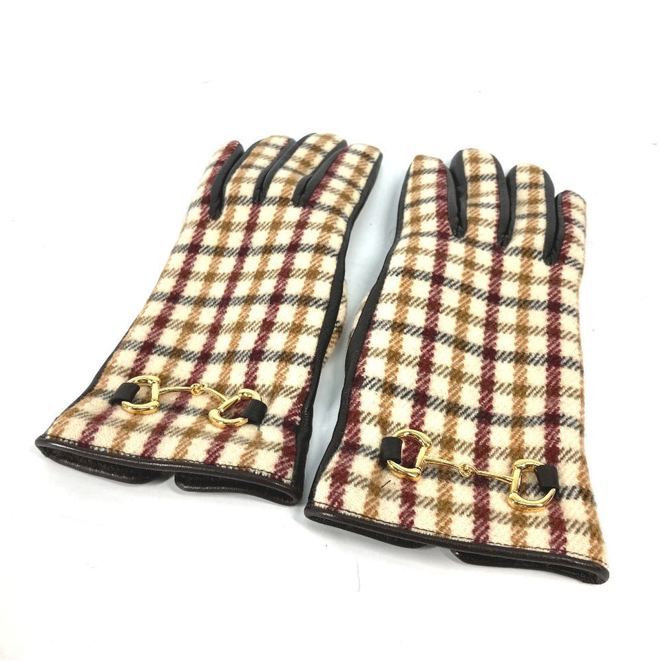 Gucci Glove 603635 Wool/Cashmere, Leather Brown check Horsebit Women 7 S