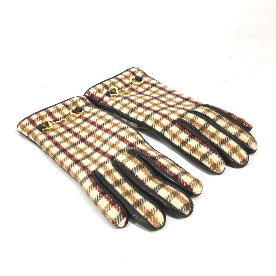 Gucci Glove 603635 Wool/Cashmere, Leather Brown check Horsebit Women 7 S