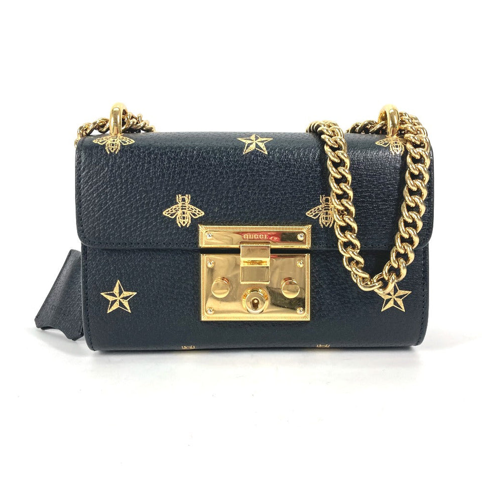 Gucci Shoulder Bag 432182 leather black Crossbody bag pochette PADLOCK BEE Women