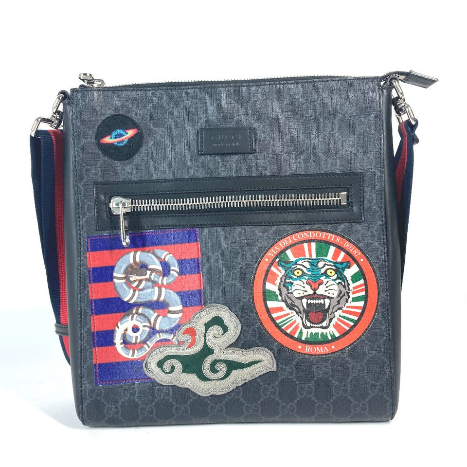 Gucci Shoulder Bag 474137 GG Supreme Canvas Black x multicolor GG Tiger patch Courier mens