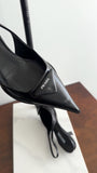 Prada Black Glossed Leather Pointed Triangle Slingback Mule - 39.5