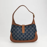 Gucci Jackie 1961 Small Handbag in Blue Monogram Denim and Brown Leather