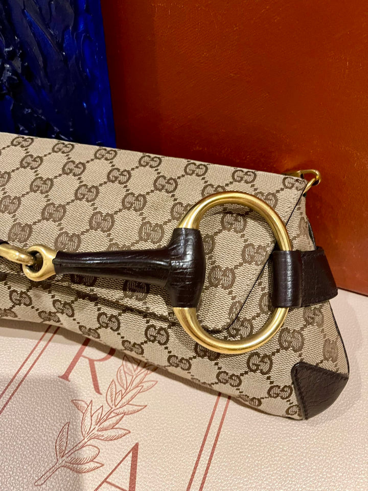 Gucci Horsebit 1955 Large Cloth Beige Monogram Brown Leather Shoulder bag