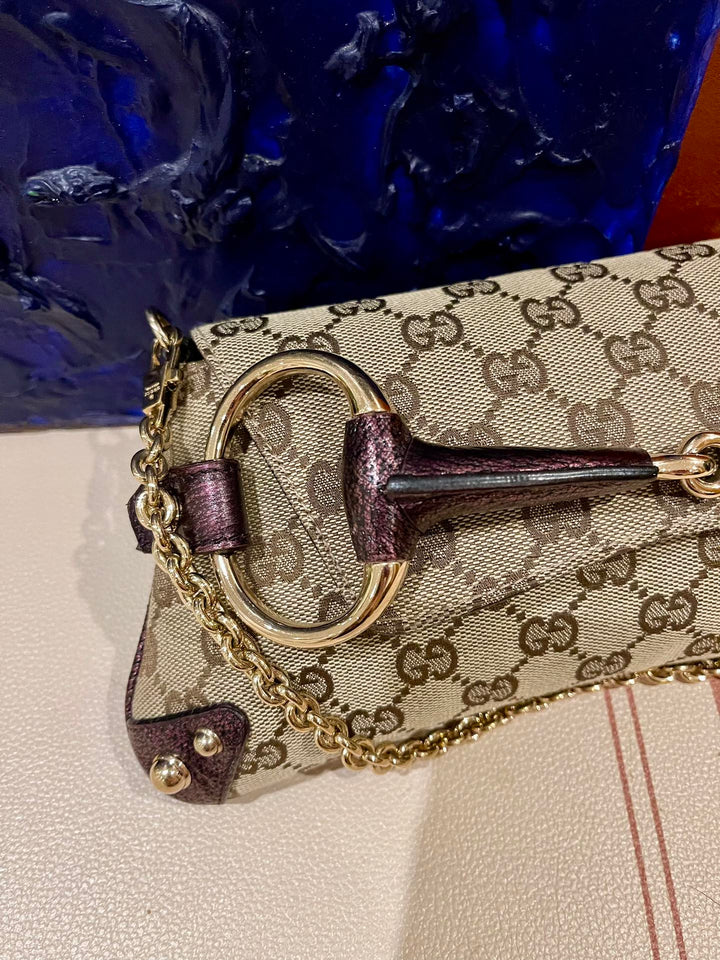 Gucci Horsebit 1955 Chain Bag Gucci Monogram Iridescent Purple Leather and Gold Studs