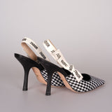 Christian Dior Wool Ribbon Houndstooth J'ADior Slingback 8cm Pumps 38D Black White
