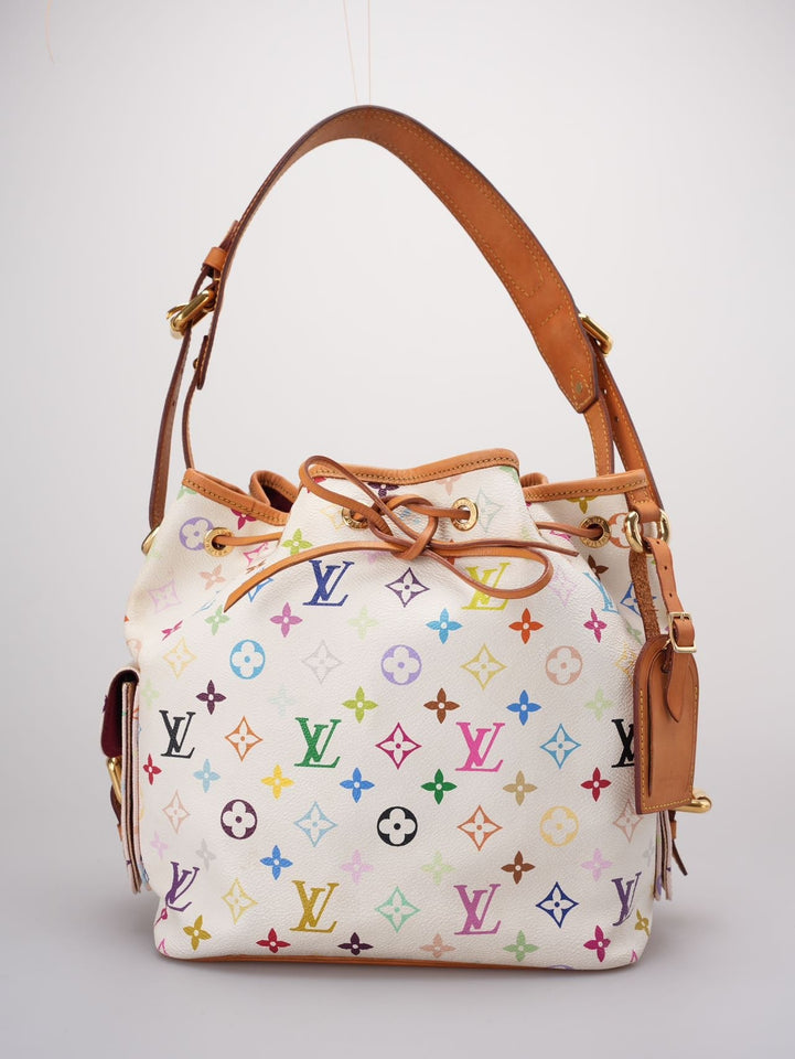 Louis Vuitton Takashi Murakami White Multicolore Monogram Coated Canvas Petit Noe Bag Gold Hardware