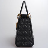 Christian Dior Black Medium Lady Dior Bag in Cannage Lambskin Leather with Gold Hardware