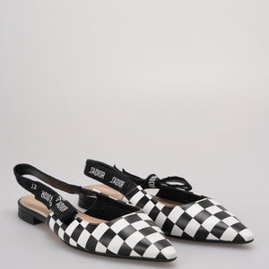 Christian Dior Calfskin Ribbon Checker Print J'ADior SlingBack Flats In Black and White Size 37