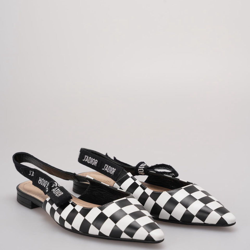 Christian Dior Calfskin Ribbon Checker Print J'ADior SlingBack Flats In Black and White Size 37