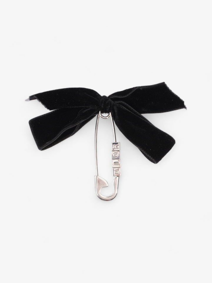 Christian Dior Logo Block Letters with Ribbon Safety Pin Brooch Black / Silver Base Metal