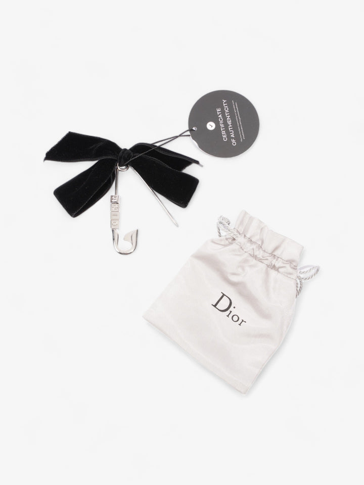 Christian Dior Logo Block Letters with Ribbon Safety Pin Brooch Black / Silver Base Metal