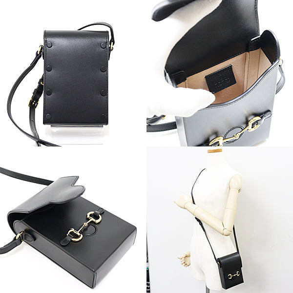 Gucci Shoulder Bag 625615 leather Black gold Horsebit 1955 Women
