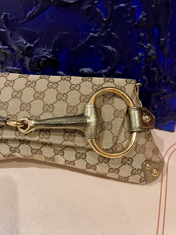 Gucci Horsebit 1955 Large Cloth Beige Monogram Gold Leather Shoulder bag
