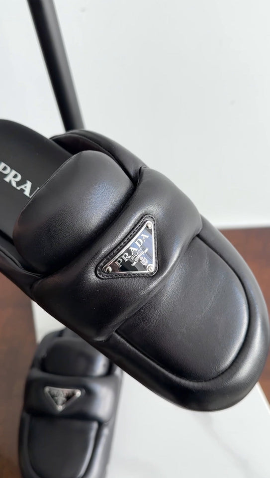 Prada Black Leather Triangle Logo Puffer Slide Mule Shoes - 36.5 / 37
