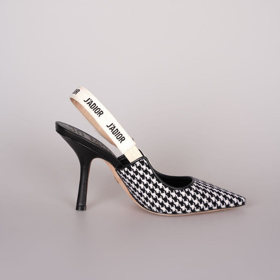Christian Dior Wool Ribbon Houndstooth J'ADior Slingback 8cm Pumps 38D Black White