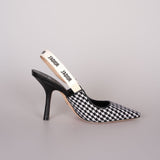 Christian Dior Wool Ribbon Houndstooth J'ADior Slingback 8cm Pumps 38D Black White