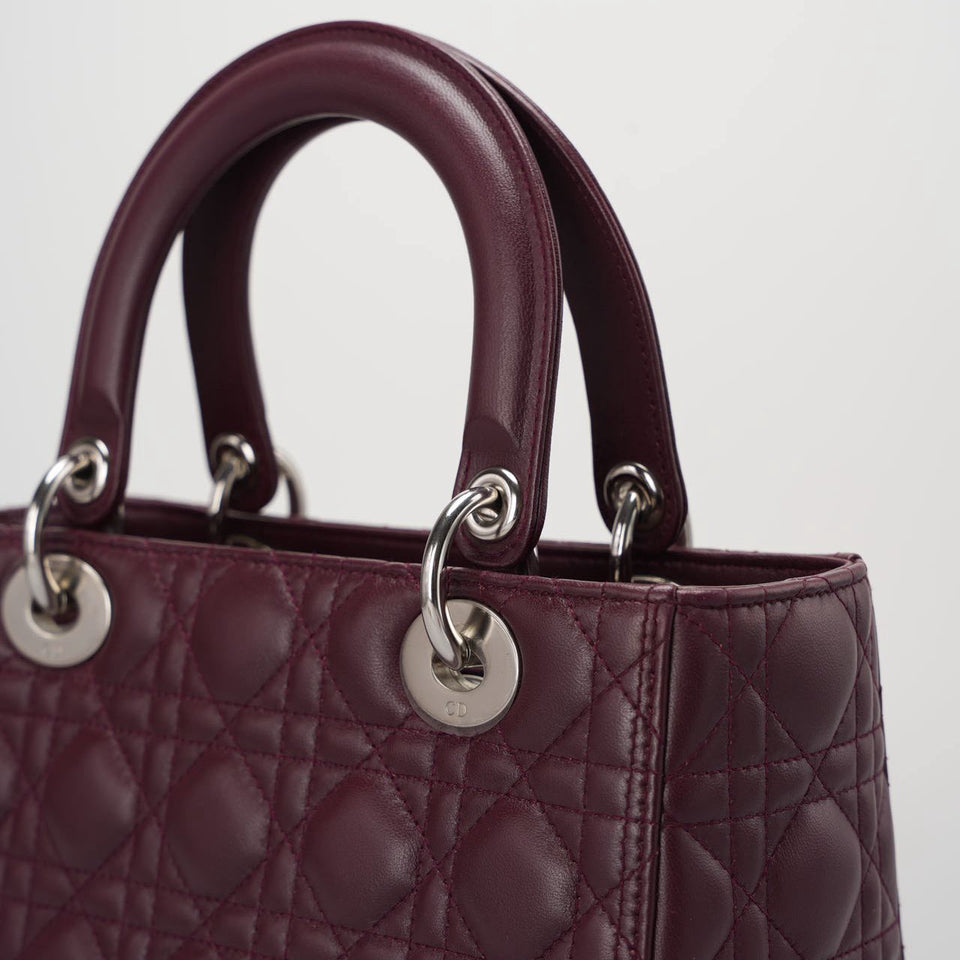Christian Dior Burgundy Lady Dior Bag in Cannage Lambskin Leather with Silver Hardware Medium LP