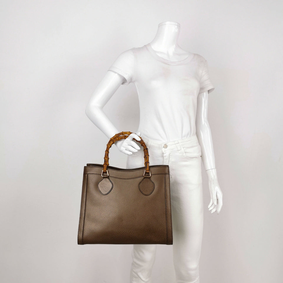Gucci Diana Vintage Large Metallic Copper Calfskin Leather Bamboo Top Handles Tote Bag