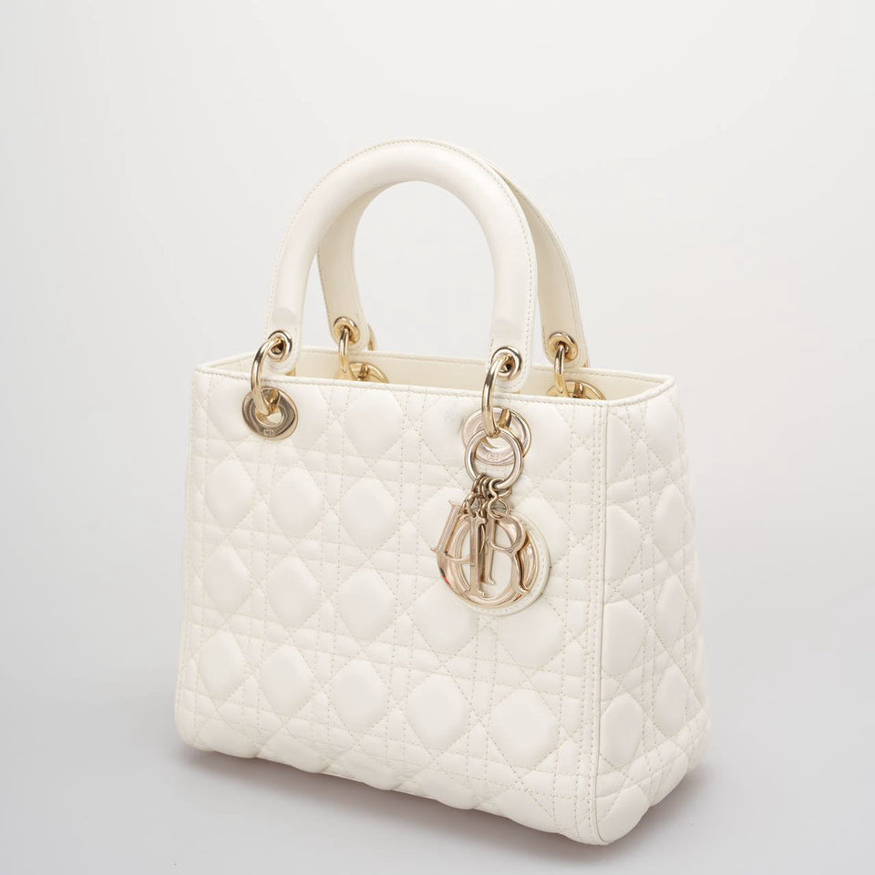 Christian Dior White Medium Lady Dior Bag in Cannage Lambskin Leather with Gold Hardware