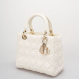 Christian Dior White Medium Lady Dior Bag in Cannage Lambskin Leather with Gold Hardware