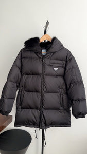 Prada Re Nylon Black Shearling Lined Hooded Down Parka Jacket - XS / 36 / 2 / 4