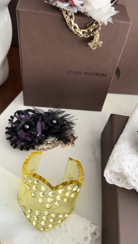 Louis Vuitton Yellow Acrylic Resin Crystal Studded Heart Cuff Bracelet