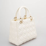 Christian Dior White Medium Lady Dior Bag in Cannage Lambskin Leather with Gold Hardware