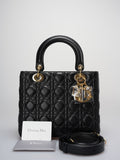 Christian Dior Black Medium Bag in Cannage Lambskin Leather with Gold Hardware