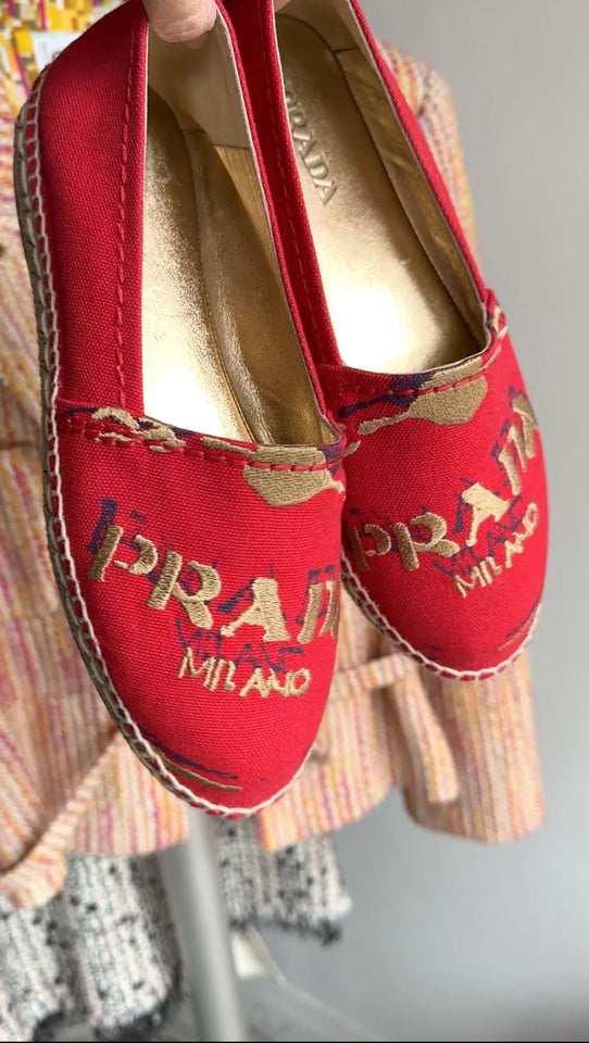 Prada Red Canvas and Gold Embroidered Logo Espadrille Flats - 37.5 / 7.5