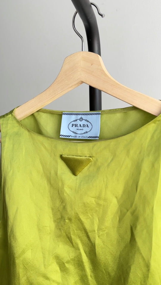 Prada Lime Green Satin Shift Dress with Triangle Logo - M (8)