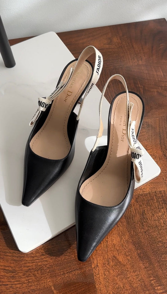 Dior J'ADior Black Leather and Logo Ribbon Slingback Heels - 37
