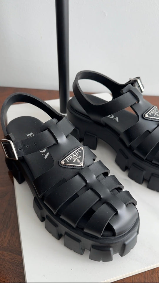 Prada Black Rubber Fisherman Monolith Sandals - 37
