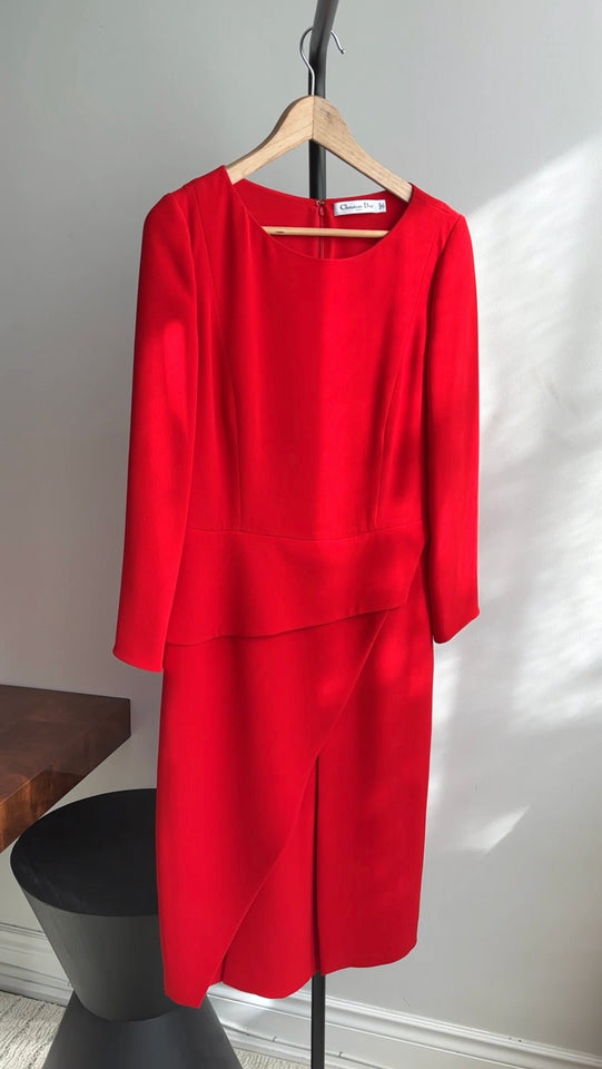 Christian Dior Red Silk Crepe Peplum Dress - FR42 / 10