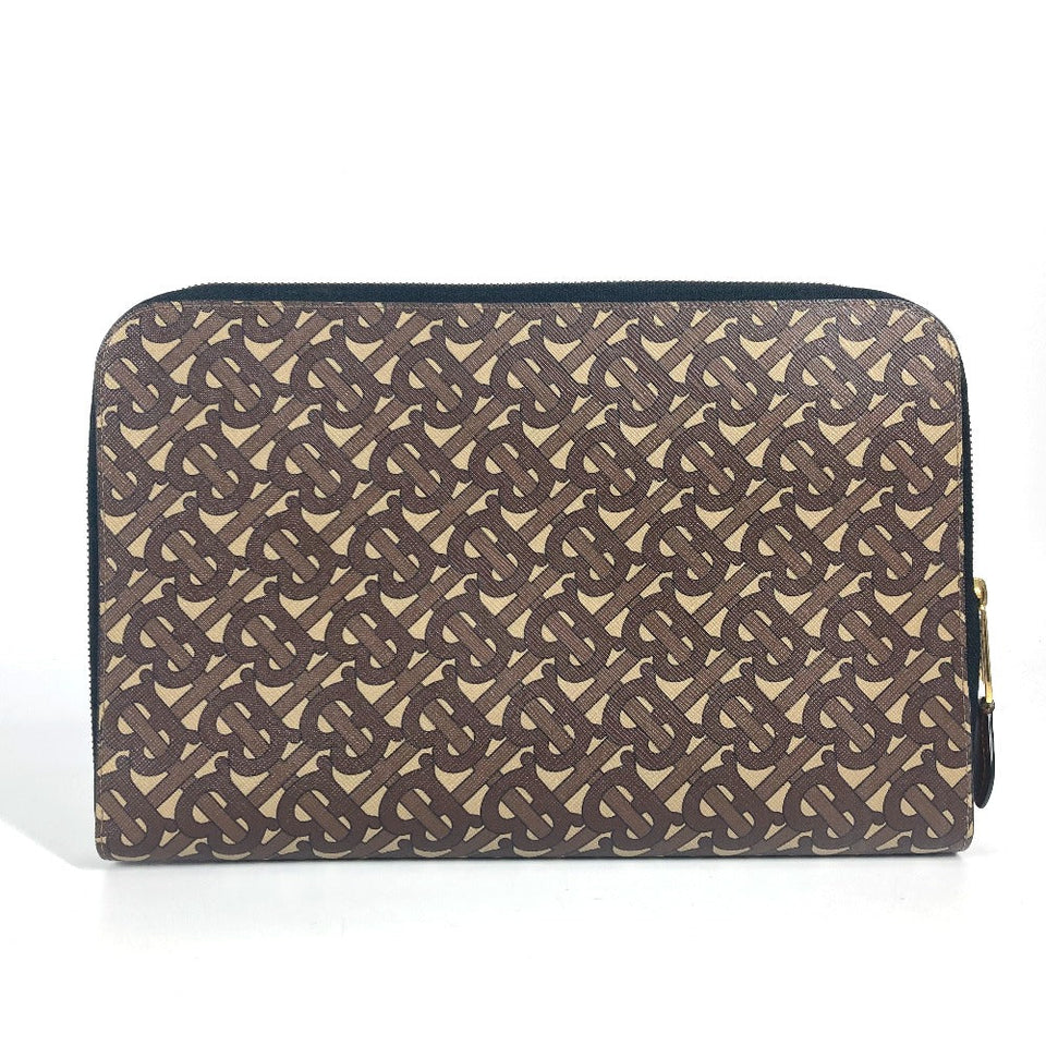 Burberry Clutch bag Leather / canvas Brown TB logo unisex(Unisex)