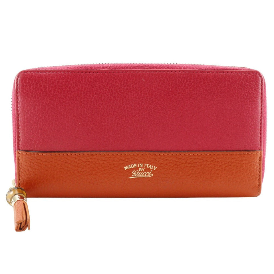 Gucci Long Wallet Purse 307984 Calfskin Pink / Orange By color Bamboo tassel Zip Around Women