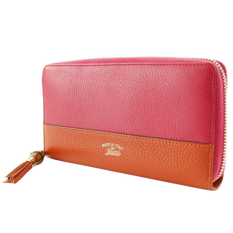 Gucci Long Wallet Purse 307984 Calfskin Pink / Orange By color Bamboo tassel Zip Around Women