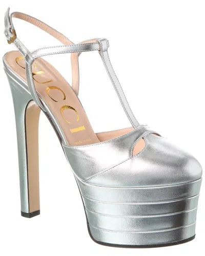 Gucci ANGEL METALLIC SILVER LEATHER PLATFORM PUMPS