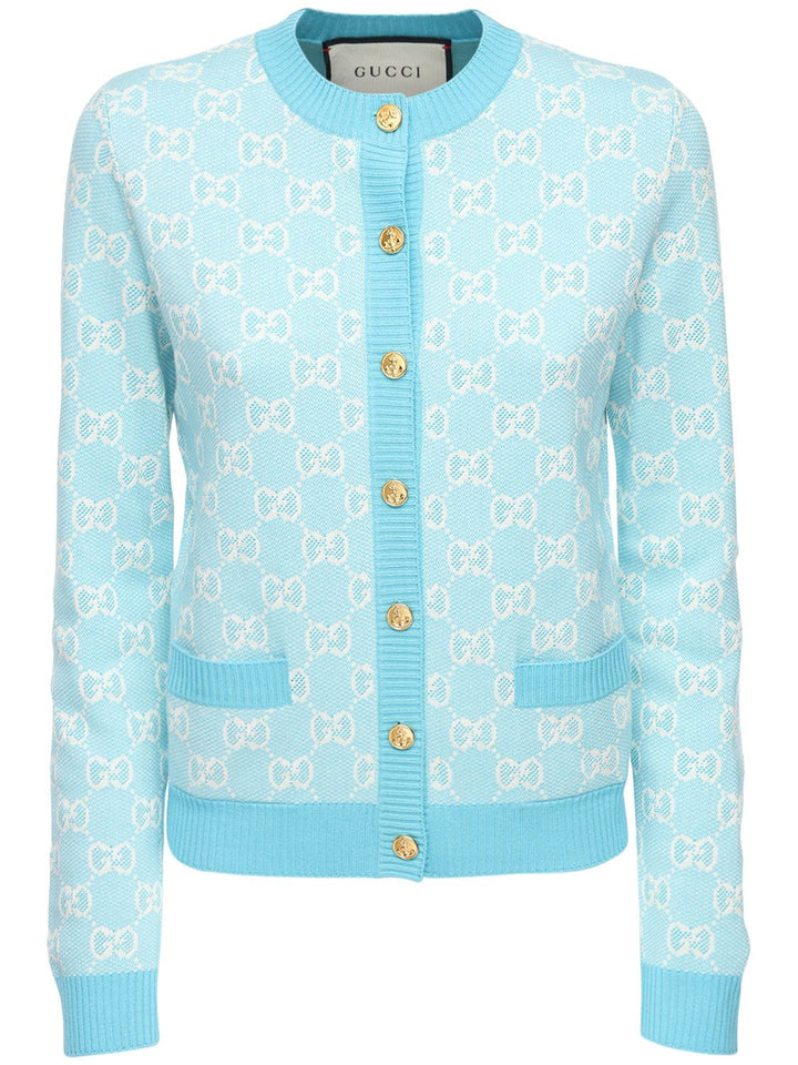 Gucci COTTON AND WOOL PIQUE GG CARDIGAN IN LIGHT BLUE