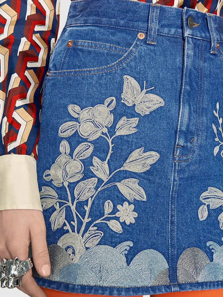 Gucci EMBROIDERED DENIM MINI SKIRT