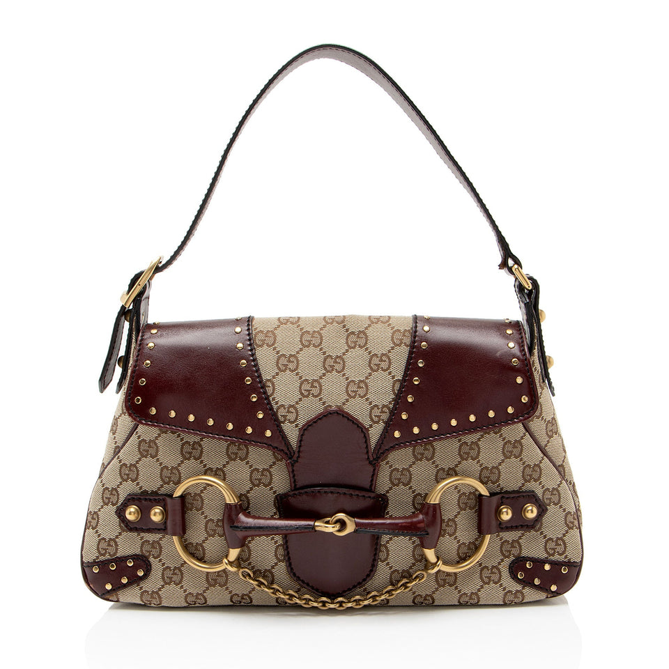 Gucci GG Canvas Leather Studded Horsebit Shoulder Bag