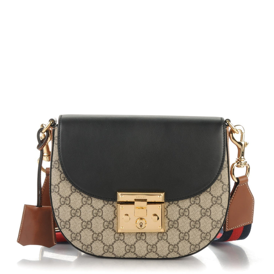 Gucci GG SUPREME WEB LEATHER PADLOCK MEDIUM MESSENGER BAG