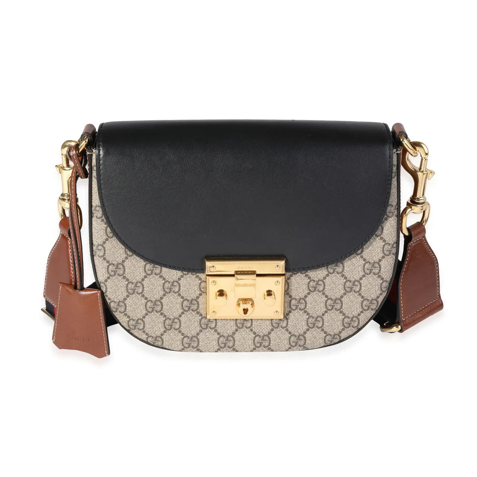 Gucci GG SUPREME WEB LEATHER PADLOCK MEDIUM MESSENGER BAG