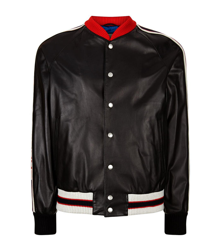 Gucci HOLLYWOOD EMBROIDERY WEB LEATHER JACKET