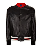 Gucci HOLLYWOOD EMBROIDERY WEB LEATHER JACKET