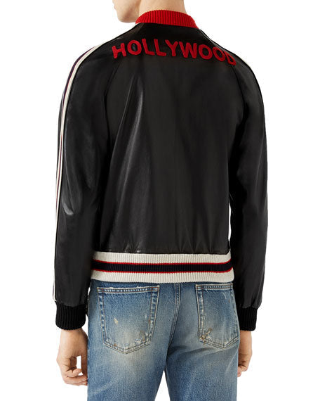 Gucci HOLLYWOOD EMBROIDERY WEB LEATHER JACKET