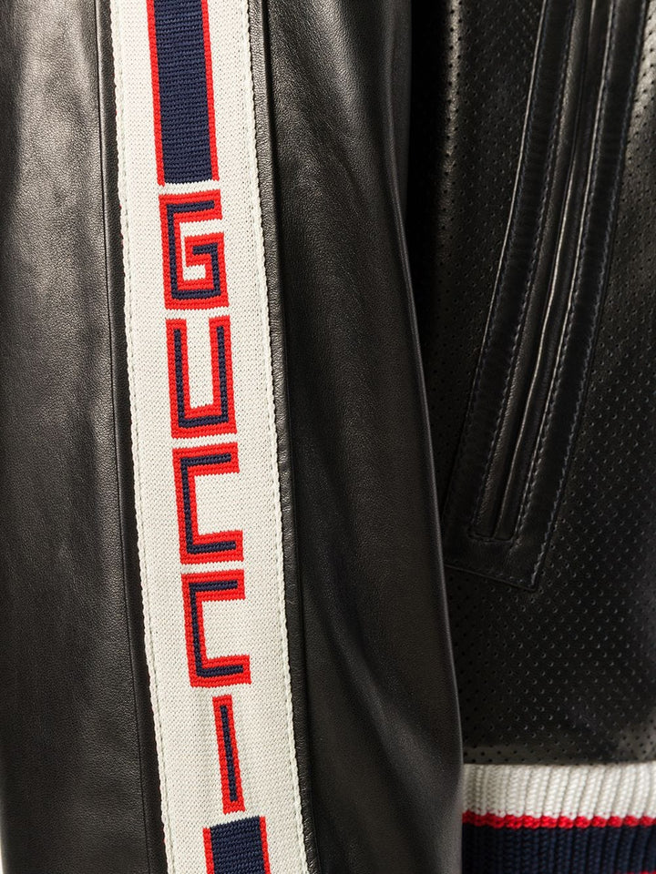 Gucci HOLLYWOOD EMBROIDERY WEB LEATHER JACKET