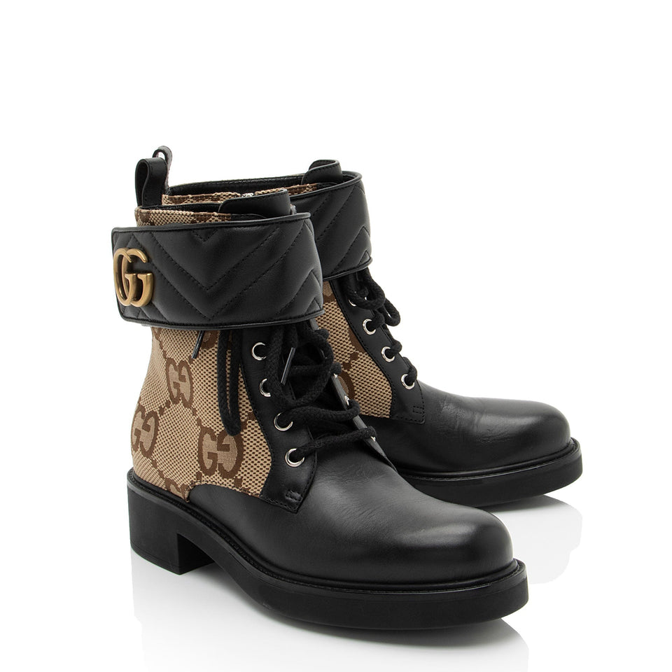Gucci Jumbo GG Canvas Leather GG Marmont Combat Boots - Size 6.5 / 36.5