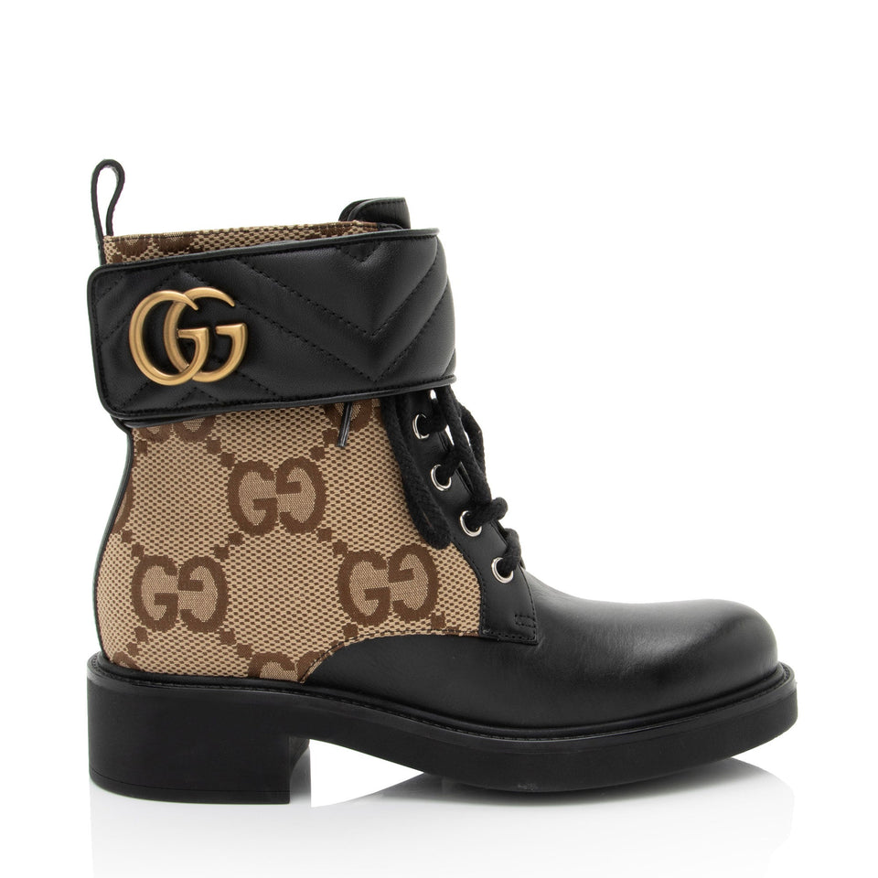 Gucci Jumbo GG Canvas Leather GG Marmont Combat Boots - Size 6.5 / 36.5
