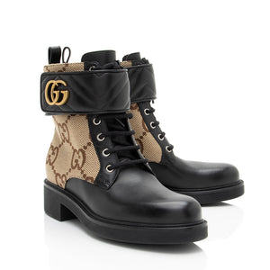Gucci Jumbo GG Canvas Leather GG Marmont Combat Boots - Size 8.5 / 38.5