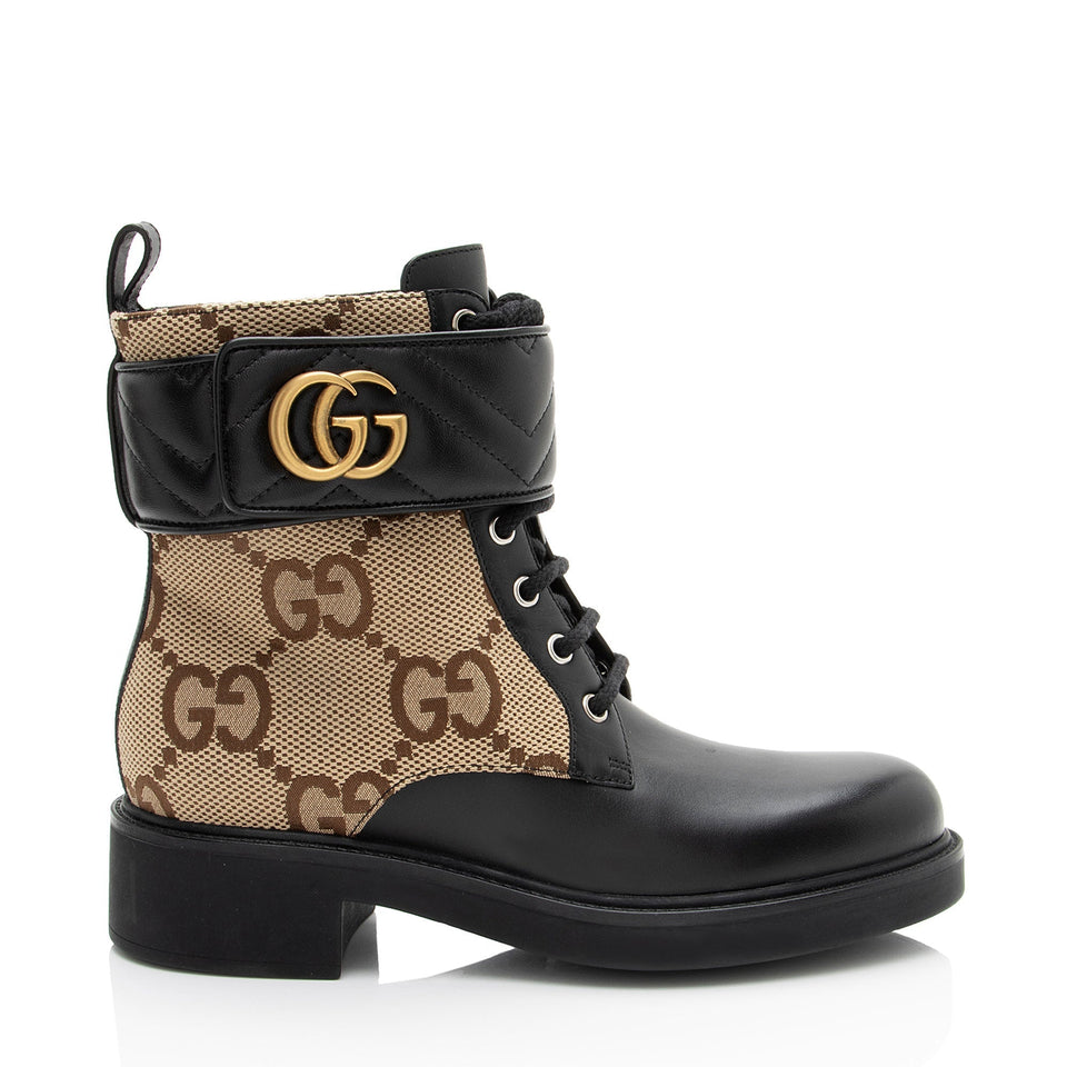 Gucci Jumbo GG Canvas Leather GG Marmont Combat Boots - Size 8.5 / 38.5